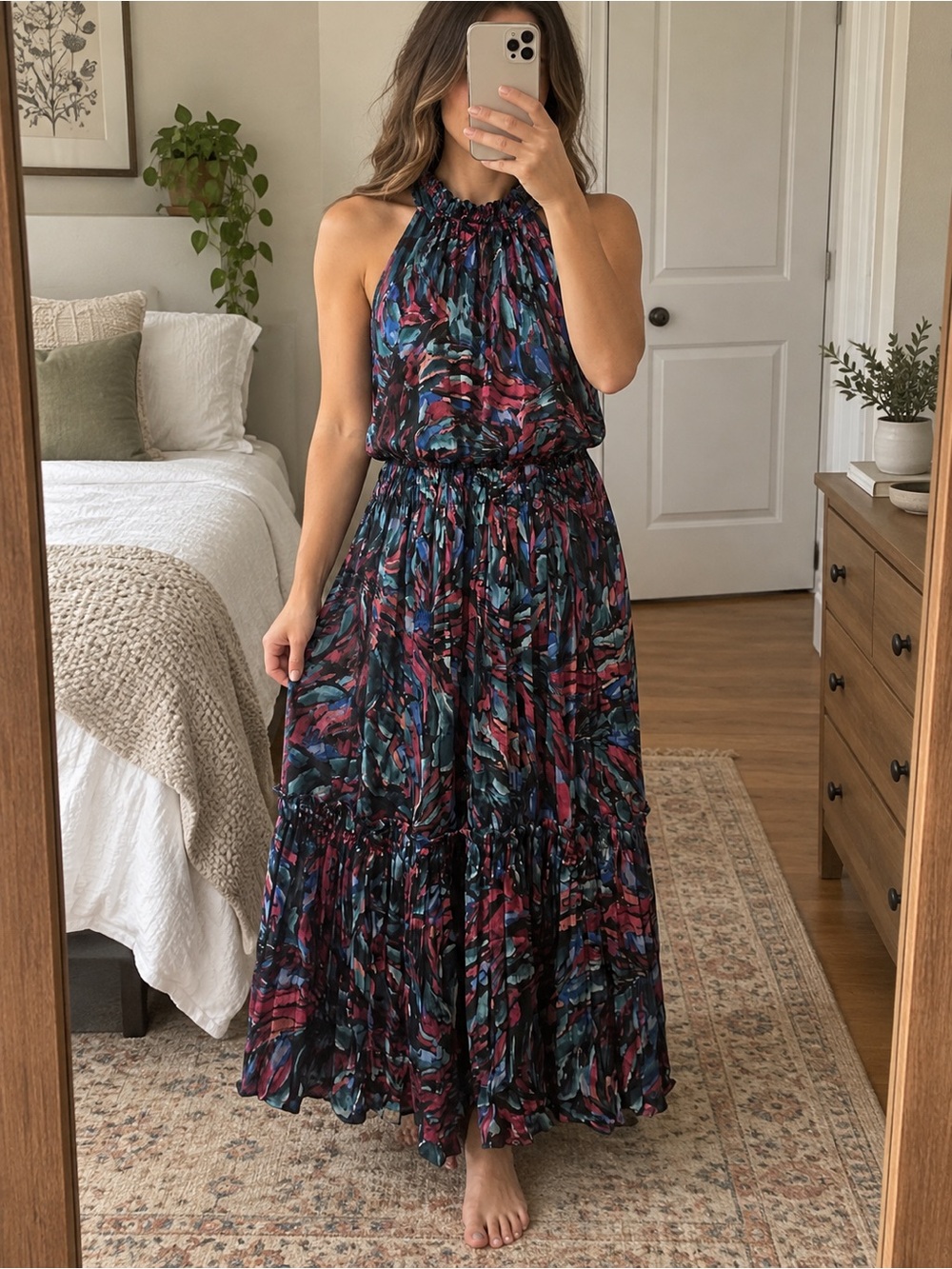 Sleeveless Halter Maxi Dress in Teal & Magenta